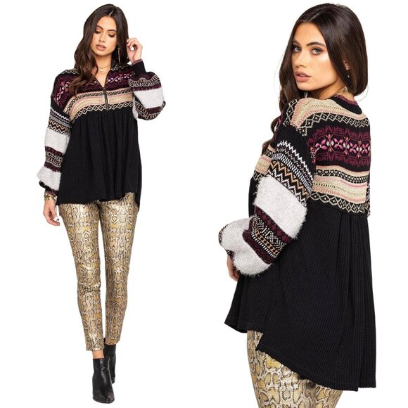 Free People Cozy Cottage Embroidered Sweater Size XS Black Balloon Sleeve New - Picture 7 of 13